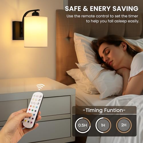 Image of Battery Operated Wall Sconce with Remote Control, Black Rechargeable Fabric Wall Lights Set of 2, 15 Colours Wireless Wall Sconce with 3000mAh Dimmable Detachable Bulb for Bedroom Living Room Hallway