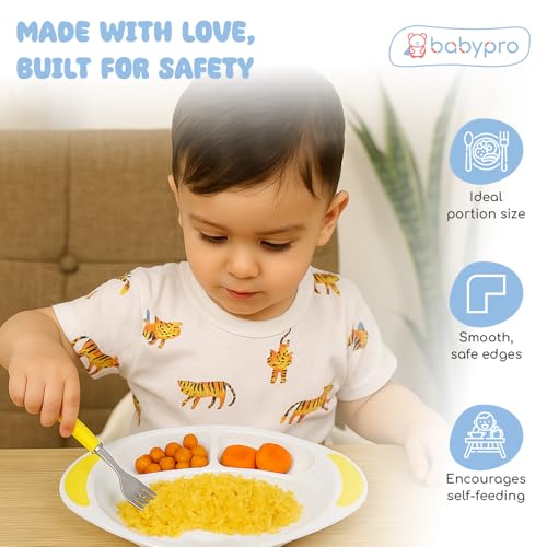 Image of BabyPro Cartoon Feeding Plate for Toddlers, Dinnerware Set for 1+ Year Kids | Easy-Grip Handles, BPA-Free, Non-Toxic, Anti-Skid Base, Cute Design, Yellow