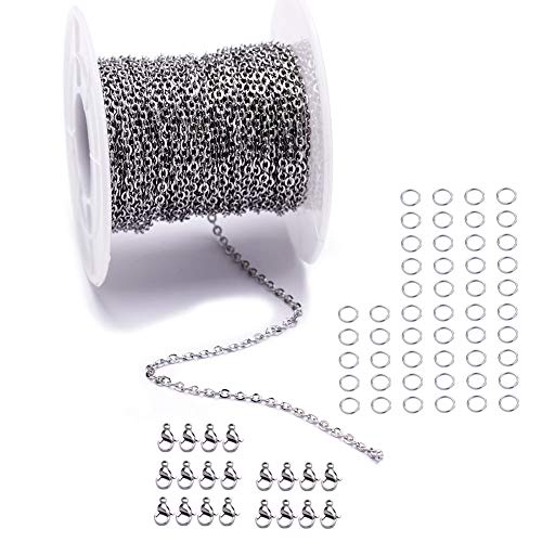 33 Feet Stainless Steel Flat Cable Chains Link Spool Bulk with 20 Lobster Clasps and 50 Jump Rings for Pendant Necklace Jewelry DIY Making