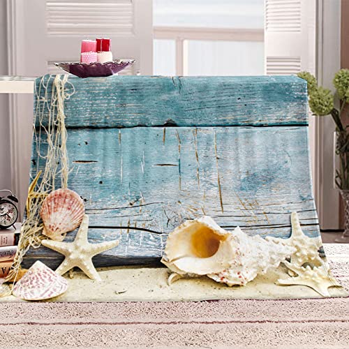 Wesan Ocean Starfish Shell Blanket Rustic Wood Farmhouse Barn Door Fishing Net Throw Gifts For Mom Women Kids Girls Boys Men Birthday Mothers Day Fathers Day Soft Plush Throw 50"X60" #TOP2