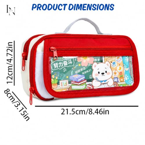 Image of Large Capacity Pencil Pouch Aesthetic Pencil Bag 3 Layer 6 Compartment with Zipper Kawaii Cartoon Stationery Organizer for School, College, Office & Travel (Red Multi Compartment Pouch)