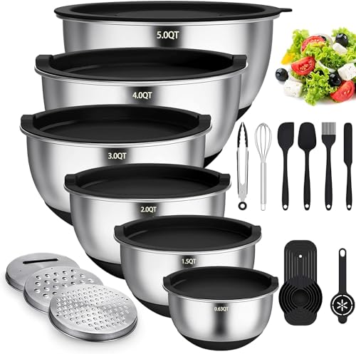 Terlulu Rührschüssel 6er Set, Edelstahl Schüssel Salatschüssel Set mit Deckel & Silikonboden, 3 Reibenaufsätzen, 4.7l/3.8l/2.8l/1.9l/1.4l/0.6l, Rutschfest & Stapelbar - Schwarz