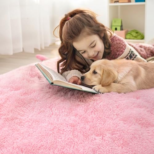 OLANLY Pink Round Rugs for Bedroom - Machine Washable, 6 ft Circle Area Rugs for Living Room, Soft and Fluffy Shaggy Carpet for Teen Girls and Boys, Nursery Rooms, Dorms, Home Decor Aesthetic