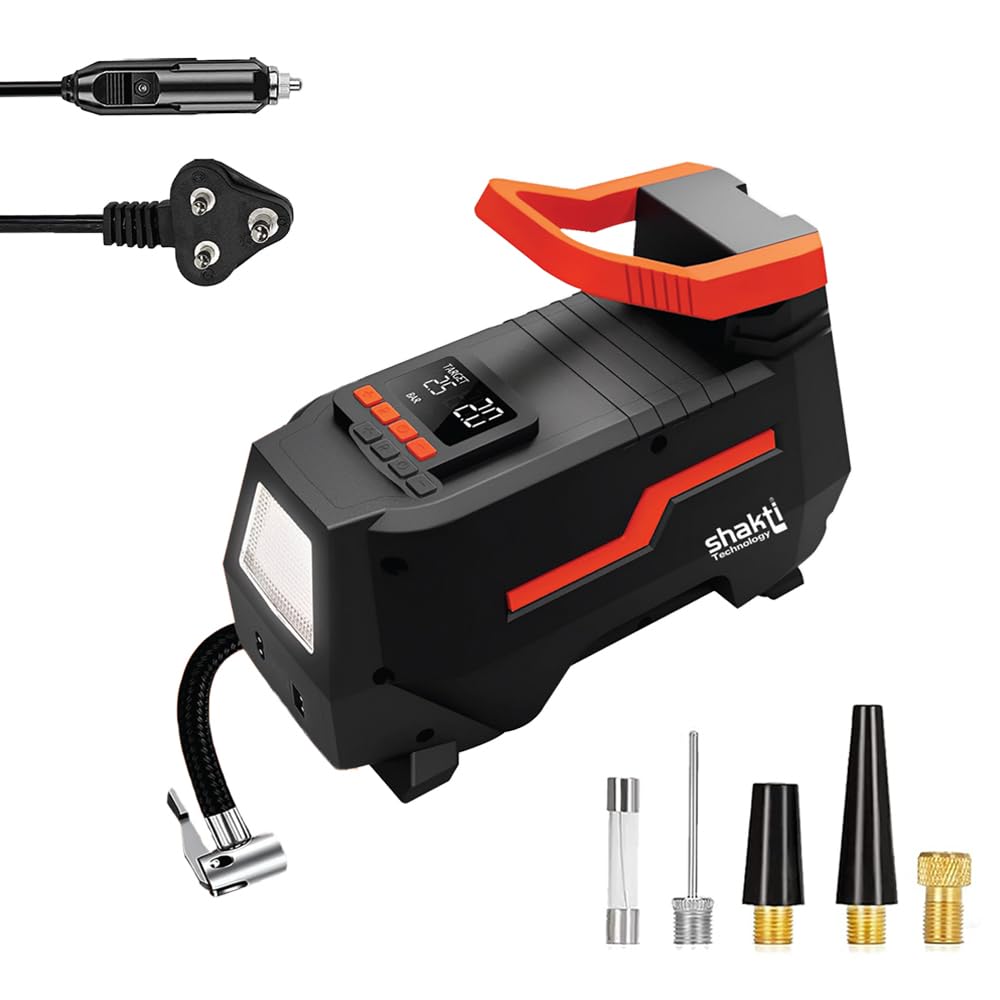 Shakti Technology REGAL (AC+DC) - Digital Portable Tyre Inflator for Car and Bike - Digital Portable Air Compressor 12V DC/230V AC for Car and Home - Max Pressure 3-150PSI - LED Light - Auto Cut-Off