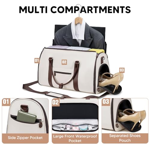Convertible Garment Bags for Travel, Suit Bag Travel Carry on Garment Bags, Shoe Pockets Carry on Garment Bags for Airplanes, 45L Garment Bags for Hanging Clothes, Beige3