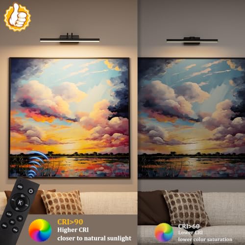 Image of Battery Operated Picture Light for Wall, 13.8'', Black | 4000 mAh, Dimmable, Remote Control, For Art Painting & Gallery, Display for Living Room, Bedroom