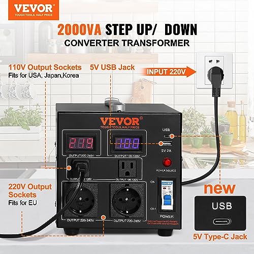Image of VEVOR Voltage Converter Transformer, 2000W, Heavy Duty Step Up /Down Transformer, Convert from 110 Volt to 220 Volt and from 220 Volt to 110 Volt, with US Outlet EU Outlet 5V USB Port, CE Certified