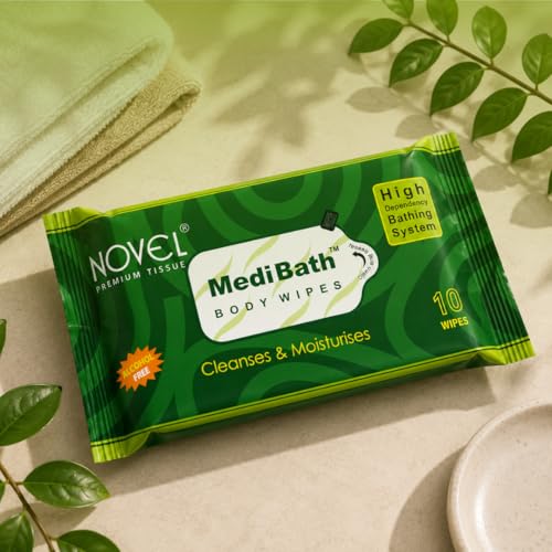Image of Novel Medi Bath Wet Wipes for cleaning 10 Wipes x Pack of 3 (30 Wipes) | Sponge wipes for Adults with Antiseptic Agent | Enriched with Aloe Vera, Vitamin E | Ready to Use Bed Bath Towel for Men & Women for Cleaning & Moisturizing