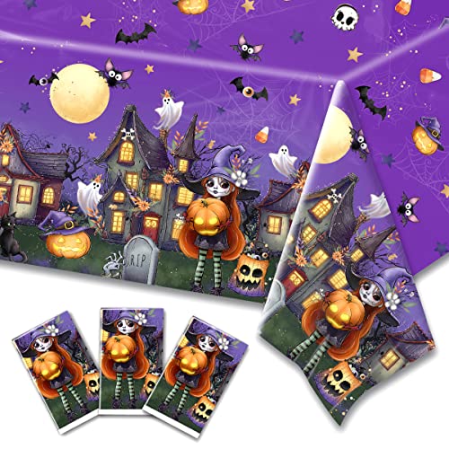 3Pcs Halloween Tablecloths-Witch Party Decoration Purple Halloween Plastic Table Covers Pumpkin Witch Cute Halloween Party Supplies #TOP14