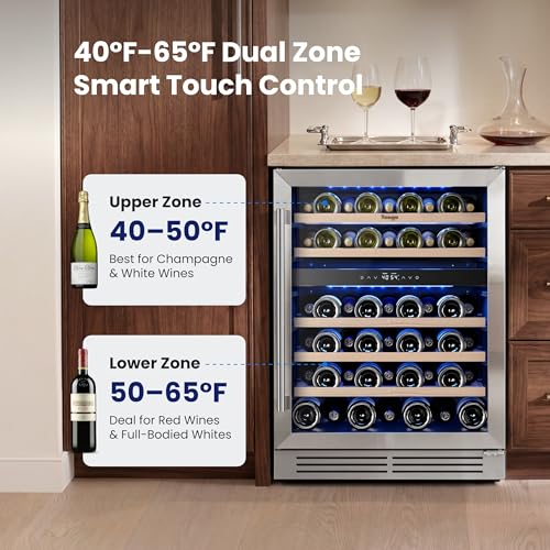 Image of Yeego 24 Inch Wine Cooler - 52 Bottles Wine Fridge Dual Zone, 40-65F Wine Refrigerator with Glass Door, Freestanding Built-In or Under Counter Adujustable Shelves Fridge for Home Bar Kitchen Office