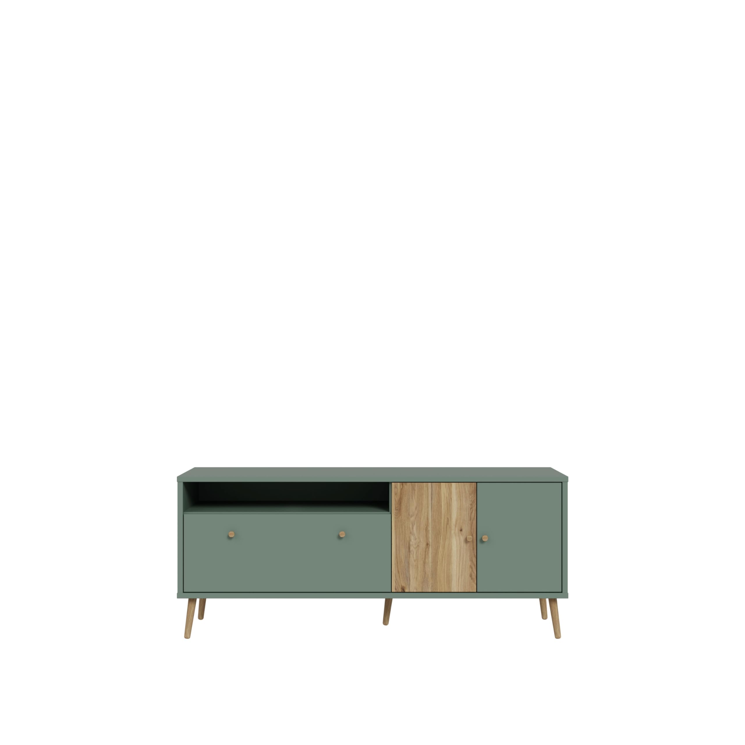 FORTE Harllson, einfache Montage Dank EasyKlix TV Tisch, Salbei mit Mauvella Eiche, TV Schrank mit 2 Türen, skandinavischer, moderner Stil, 160 cm breit x 67 cm hoch x 41 cm tief