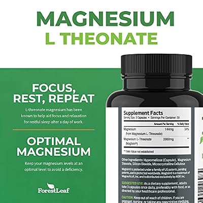 Forest Leaf Magnesium L-Threonate Magtein Capsules - 2000mg Magnesium Threonate Supplement Supports Cognitive Function, Focus, Brain, Deep Calm and Sleep for Men & Women | 90 Powder Veg Caps