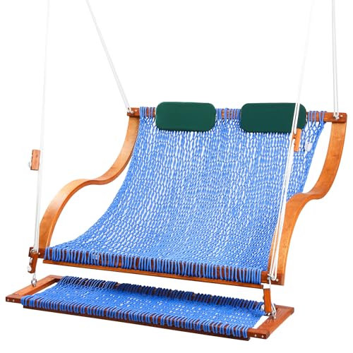 Image of SANIWERKE Porch Swing for 2, Double Hammock Swing with Footrest & S-Armrest, Adjustable Hanging, Durable Rope Net&Thick Wood, 650LBS, 50 inch Wide, Luxe Reclining Duo Swing for Patio Porch(Coastal Blue)
