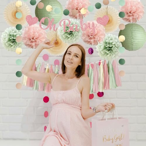 Image of Sage Green and Blush Pink Baby Shower Decorations Oh Baby Dusty Pink and Sage Green Baby Shower Decorations for Girl Boho Pastel Dusty Rose Poms Beige Fans Party Decor with Cream Tassel Garland
