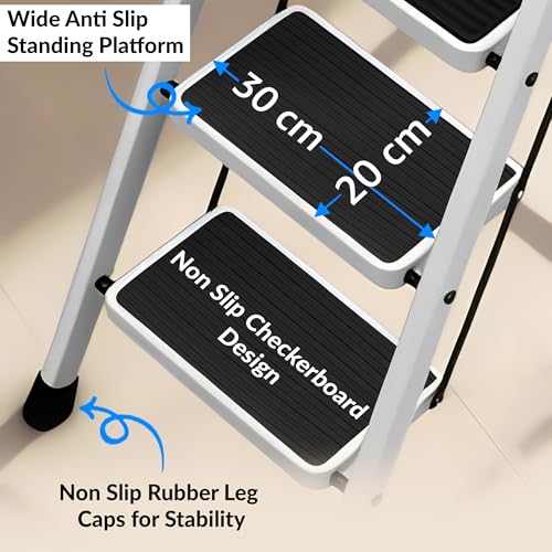 Image of Plantex Ladder for Home 3 Steps /Foldable Ladder with Anti-Skid Wide Steps (30L x 20W cm) /Strong D-Shape Pipe with X-Support for More Stability /5 Year Warranty(Apex-White)