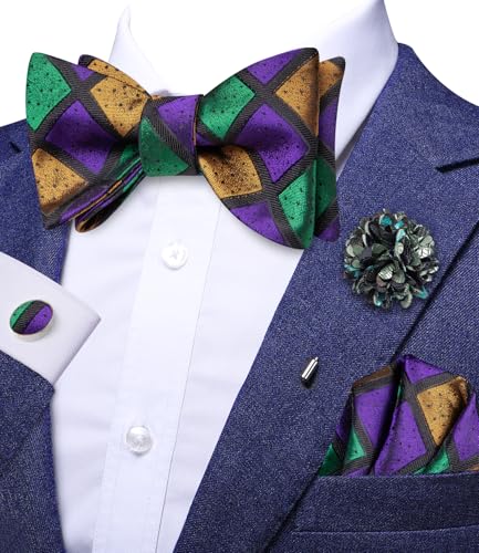 Image of Dubulle Self Tie Bow Ties and Lapel Pin for Men Paisley Solid Mens Bowtie and Handkerchief Cufflinks Set Wedding