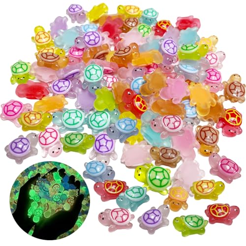 Suitedget Mini Figurine Tortue Lumineuse en Résine Jouets Tortue 100 Pièces avec 10 Couleurs Petites Tortues Décorations pour Étuis de Téléphone, Bureaux, Décorations de Voiture et Lampes de Chevet