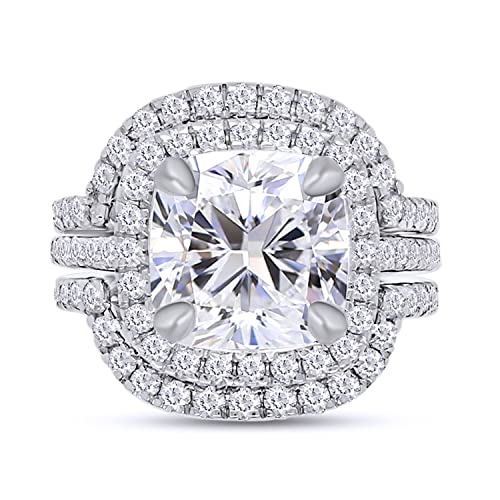 SAVEARTH DIAMONDS Cushion & Round Cut Lab Created Diamond Moissanite Engagement Ring & Double Wedding Band Halo Bridal Set, Wedding Rings Bands in 10K/14K Solid Gold (3.50 Cttw, G-H/VVS1) Jewelry Gift2