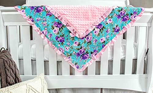 Top Tots Baby Blanket - Purple Flowers With Pink Minky Dot & Satin Ruffle, 31 X 31 Inch Aqua #TOP4