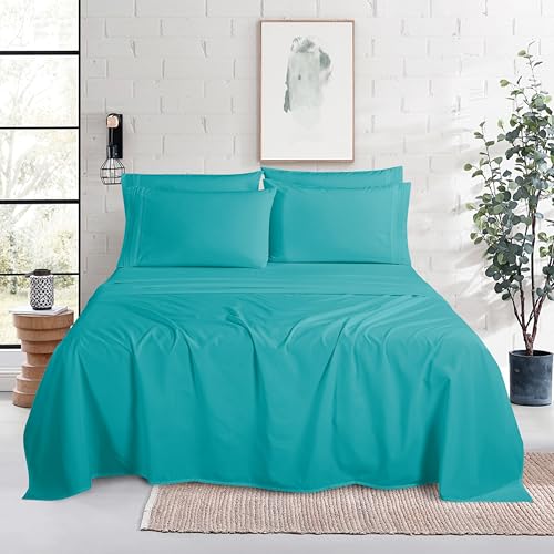 Image of Mocassi Luxury 4-Piece Sheet Set, Ultra Soft 1800 Premium Hotel Quality Microfiber Sheet Set, Fits Mattresses Up to 18 to 24 Inches Extra Deep Pocket - Breathable and Secure Fit, Twin, Teal