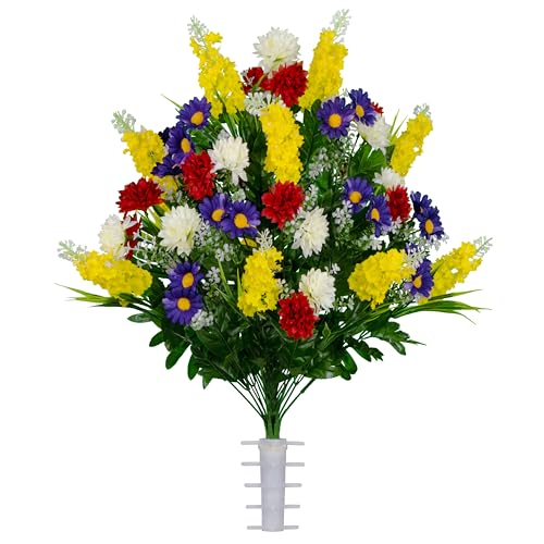 Sympathy Silks Artificial Flowers for Cemeteries - Realistic Grave Decorations - Yellow Red and Purple Wildflower Mix - Bouquet