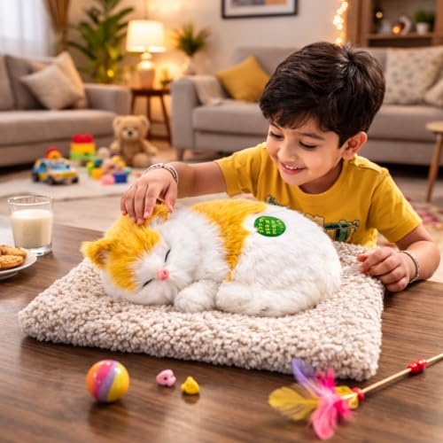 Image of Sleeping Cat Soft Toy, White with Yellow, Medium