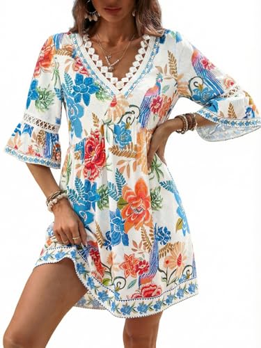 Image of CUPSHE Women V Neck Lace Trim Mini Summer Dress Cover Up 3 /4 Sleeve Ruffled Cuff Casual Sundress Beach Dresses Cover Ups