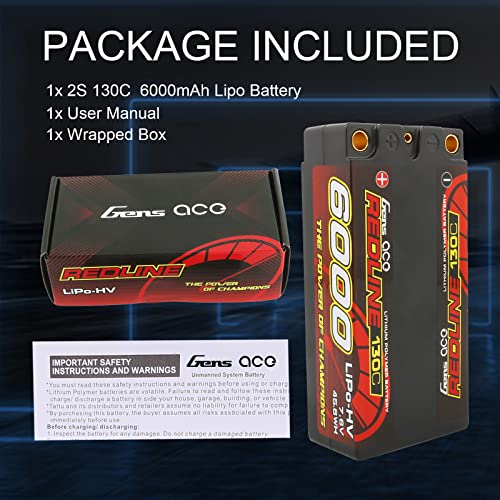 Gens ace 2S Shorty Lipo Battery Redline Series 6000mAh 7.6V 130C 2S2P HardCase HV Lipo Battery for with 5.0mm Bullet for 1 8 1 10 RC Racing Car Off Road Racing F1 Class FWD
