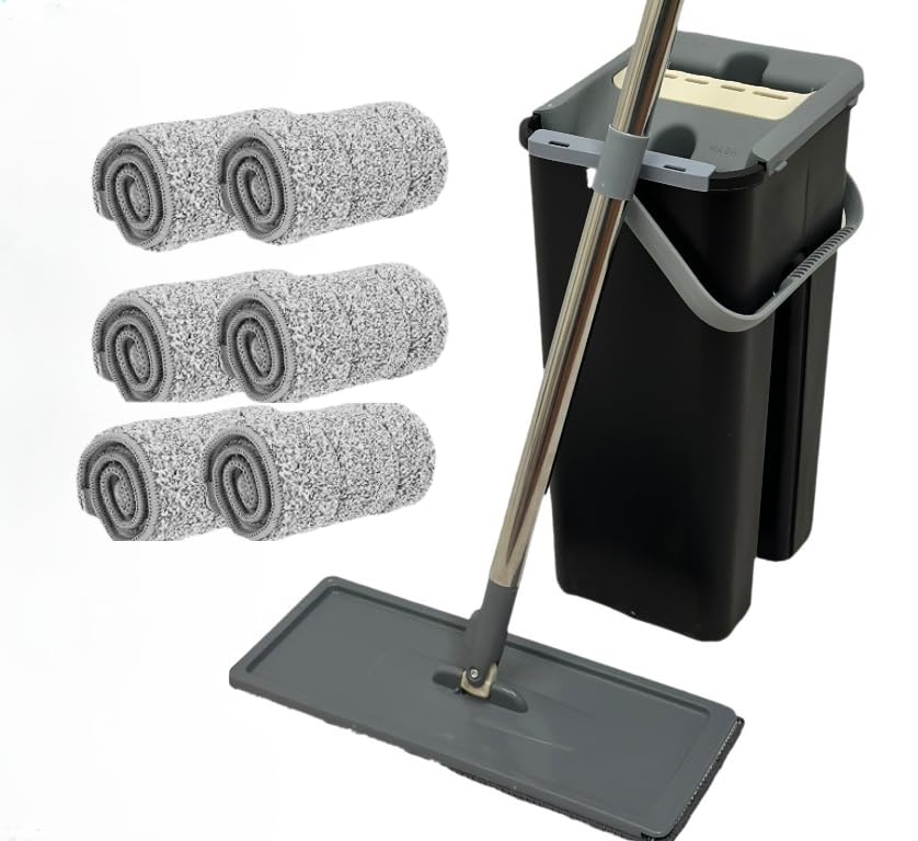 SWISSPACK Floor Mop and Bucket Set Easy and Simple Squeeze Mop Bucket Flat Mop with 6-Pack Replacement Machine Washable Microfibre Mop Pads for All Floors Types (Black 6 Pads)
