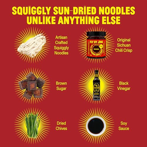 Image of FLYBYJING Chili Crisp Noodles - Sun-Dried Asian Instant Noodles with Sichuan Chili Crisp Sauce - Ready in 6 Minutes - Premium Non-Fried Vegan Noodle, 12g Protein, Non-GMO (Pack of 6)