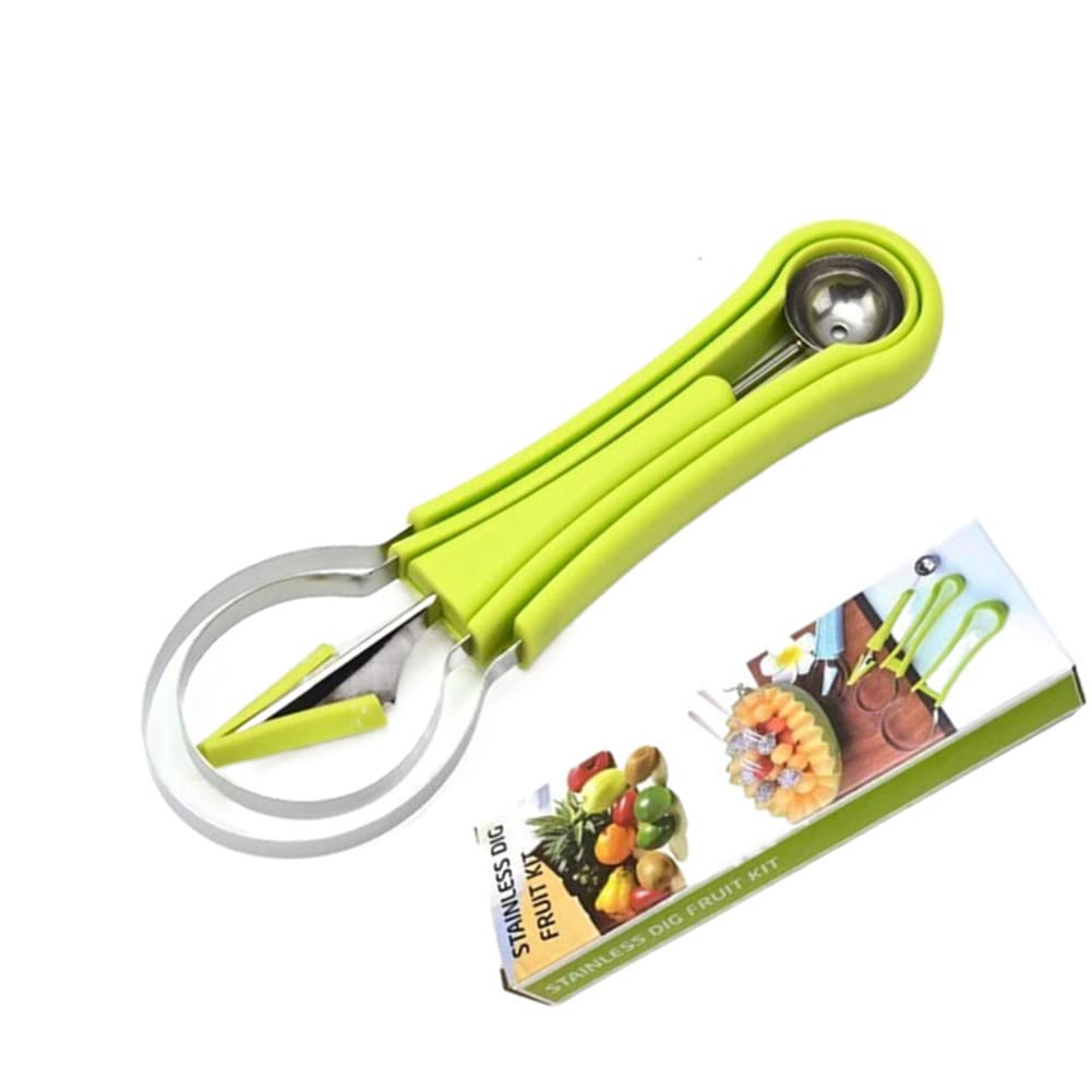 Professional 4 In 1 Melon Baller Scoop Set Carving Knife, Stainless Steel Fruit Scooper Seed Remover Melon Baller, Double Sided Melon Baller for Watermelon Ice Cream (Green)