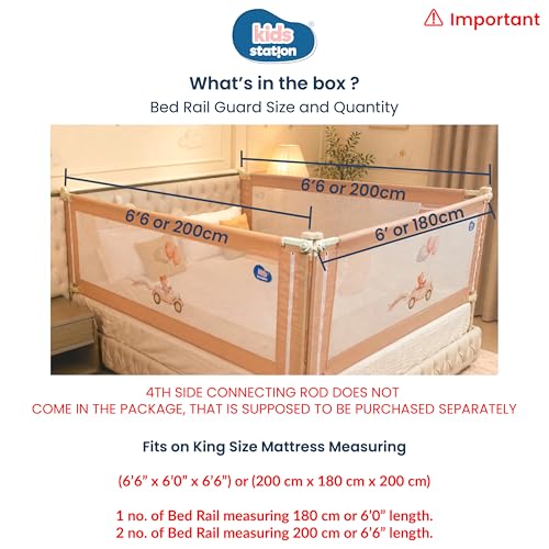 Image of Kids Station 3 Side Premium Bed Rail Guard (6.6ftx6ftx6.6ft / 200cmx180cmx200cm), Bed Railing for Baby Safety, Kids Toddler Bed Protector Side Walls, Adjustable Height, Portable & Foldable (Beige)
