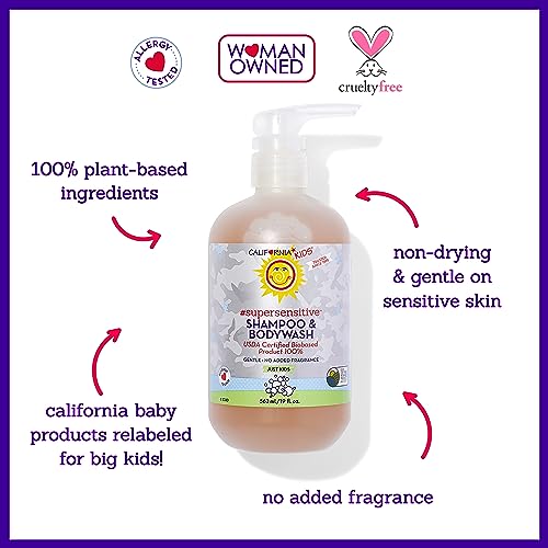 Image of California Kids Shampoo + Kids Body Wash 2-in-1 | Super Sensitive (Unscented) | Gentle Skin Care | 100% Plant-Based | Hypoallergenic | 19 oz.