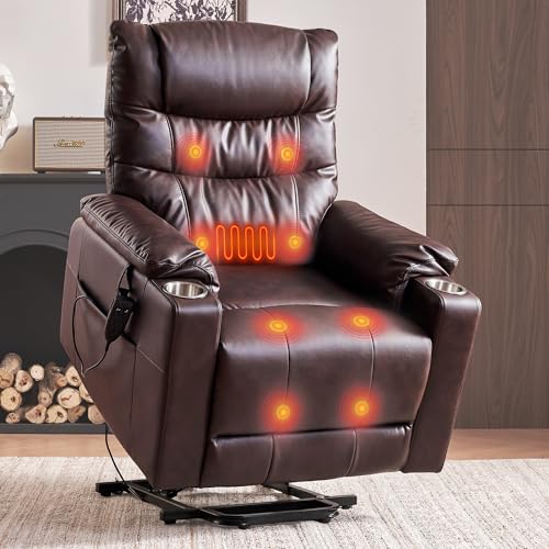 10 Best Recliner Chair for Sciatica Relief with Massage and Heating Features 2 AIRSKY Power Lift Recliner Chair Massage Heating High-Resilience Cushion Multi-Zone Back Support Durable PU Leather Cup Holders Side Pockets for Elderly for Living Room Reclining Chair, P4, Dark Brown