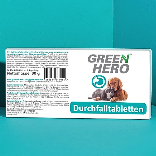 Green Hero Durchfall-Tabletten für Hunde & Katzen, 60 Kautabletten - Mittel gegen Durchfall mit Präbiotika - Unterstützung von Magen & Darmflora - Ergänzungsfuttermittel bei Magenproblemen