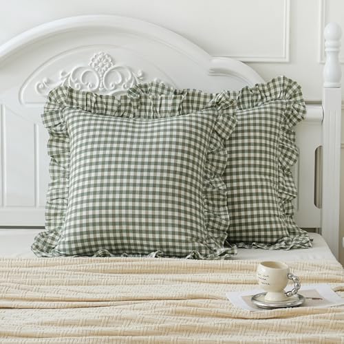 2 Pack Sage Green White Plaid Ruffle Euro Shams Pillow Covers 26x26 inches, 100% Cotton Gingham Checkered Farmhouse Pillowcases for Bed/Sofa (26x26 inches, Sage Green/White Plaid)
