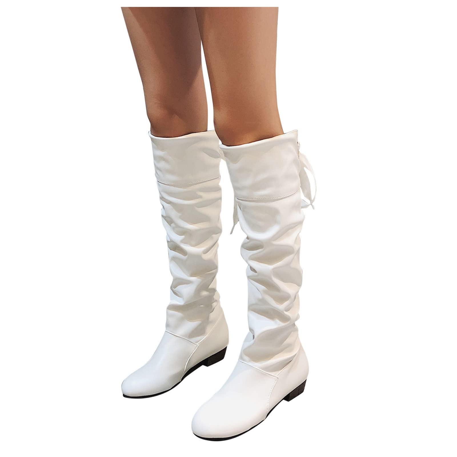 ZSpzx Womens Casual Knee High Boots Slouch Ruched Leather Wide Calf Lace up Chunky Block Heels Round Toe
