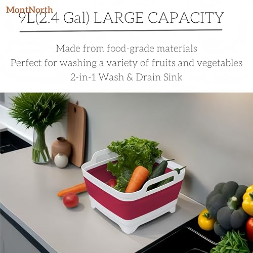 Image of Collapsible Wash Basin 9L, Foldable Dish Tub with Drain Plug, Portable Collapsible Dish Basin, Camping Sink for Washing Dishes, Laundry & Kitchen Use (Viva Magenta)