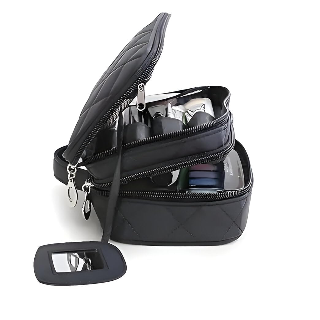 Quilted Double Layer Makeup Bag for Women – Nylon Cosmetic & Toiletry Brush Organizer, Travel-Friendly Pouch with Mirror, Professional Makeup Kit for Home & Travel Use.-image-44