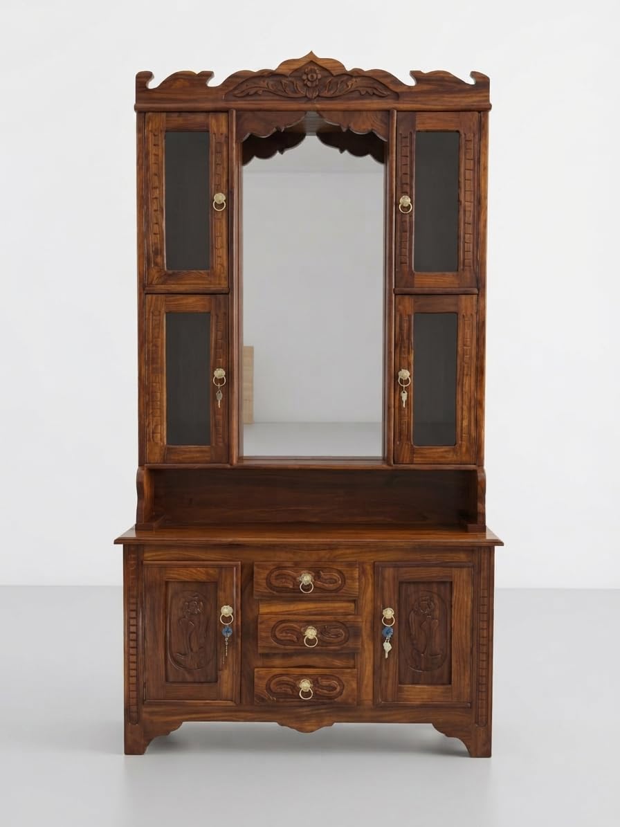 Premium Sheesham Wood Dressing Table with Mirror | Wooden Makeup Vanity Table with Storage Cabinet & Drawers | Bedroom Dressing Unit-image-39