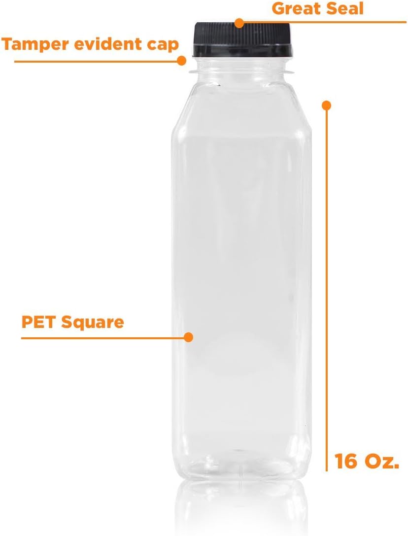 16 Oz Clear Plastic Juice/Dressing PET Square Container Bottles w/Black Tamper Evident Caps by Pexale(TM)- (Pack of 10) (10)