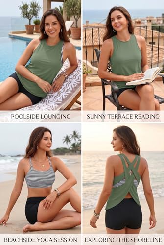 Image of 3 Piece Swimsuits Open Tie Back Tankini Top And Athletic Swim Shorts | Supportive Strappy Swim Bra, Adjustable Straps, Removable Pads, Tummy Control Boy Shorts, Quick Dry Fabric, XXS-20 Plus