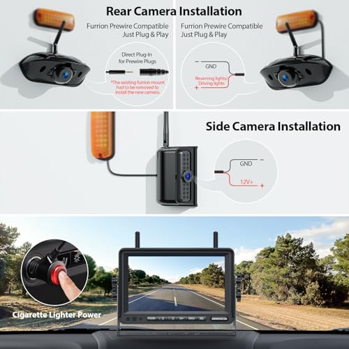 Image of ZEROXCLUB 3-Camera Wireless RV Backup Camera System with 7-Inch Monitor, 1 Rear Sharkfin, 2 Side Cameras, DVR Monitor & IR Night Vision, IP69K Waterproof, Compatible with Furrion Pre-Wired RV Trailer