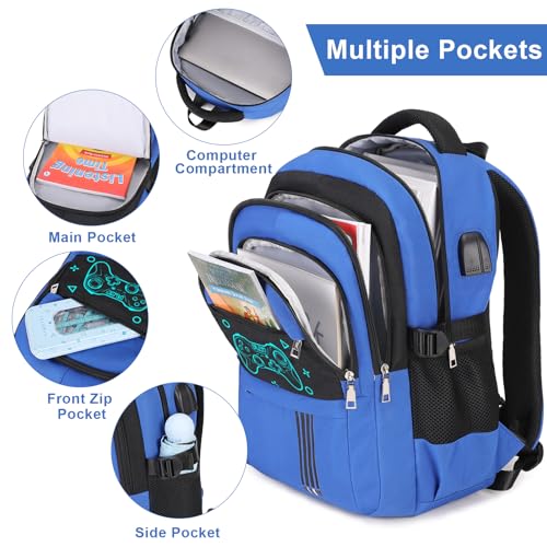 Boys Backpack with Lunch Bag Pencil Case, 14oz Insulated Bottle, BPA-FREE Double Tumbler 18/8 Stainless Steel Leak Proof Cups with Metal Straw for School Boy (Blue Game Console)3