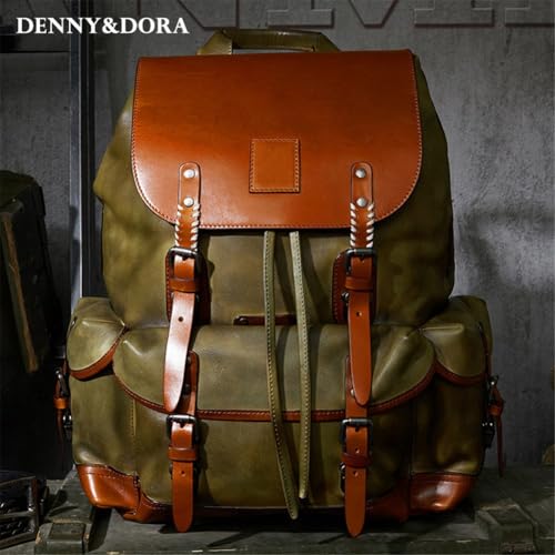 Denny&Dora Large Capacity Cowhide Backpack - Luxury Genuine Leather Backpack Simple Military Style Retro Design Travel Bag (Green)2