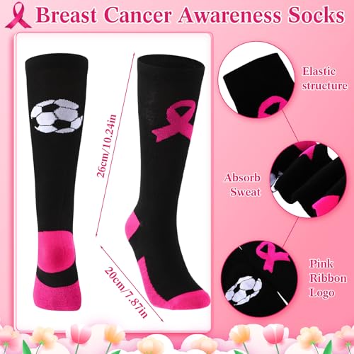 Ramede 6 Pairs Breast Cancer Awareness Crew Socks with 24 Pink out Ribbon Bracelets for Cheer Youth Sport Team Support2