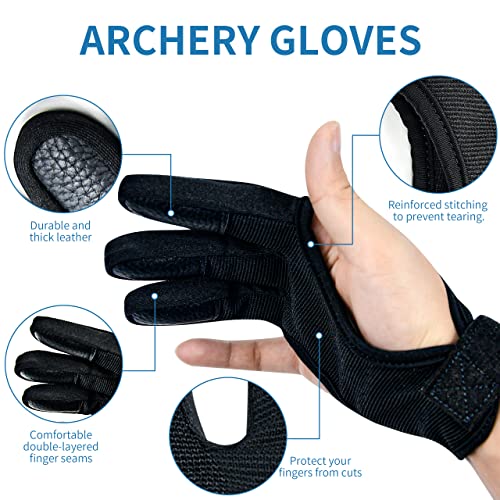 Archery Gloves - Three Finger Protective Gloves For Men, Women, Teenagers And Adults - Beginner Archery Accessories For Hunting, With Leather Finger Guards,Finger Tabs (Thickened Black, Small) #TOP3