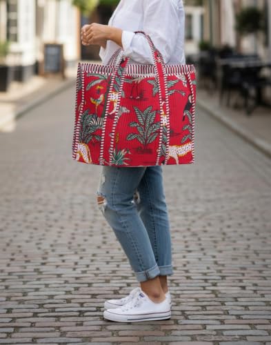 Image of Cotton Tiger Block Print Tote Bag, Indian Handmade Shopping Shoulder Bag, Unisex Market Daily Use