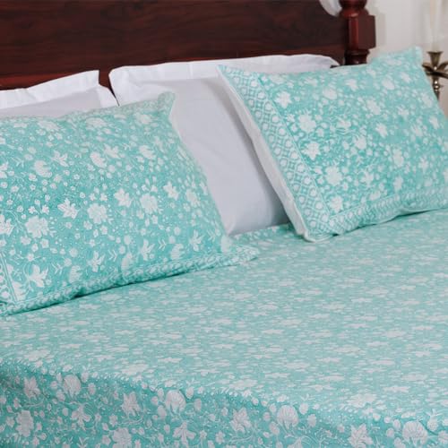 Image of ShamaGreen Premium Hand Block Printed Bedsheet | Bed Sheet Flatsheet | Pure Cotton | Double Bed King Size 108 inchx108 inch | 300 TC Bedsheets | Includes 2 Pillow Covers | Floral Spread