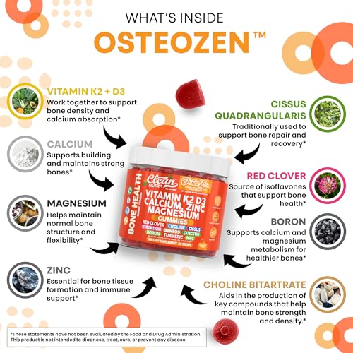 Osteo Zen Vitamin D3 K2 Gummies Bone Support Magnesium Zinc Calcium Quercetin Boron Choline Red Clover Turmeric 60 Count Tangerine Tang Flavor for Skeletal Strength & Resilience by Clean Nutra - Image 4